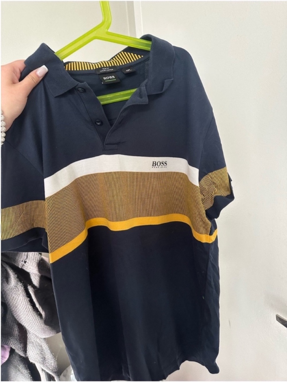 Hugo Boss Navy Polo with White and Yellow Stripe Detail